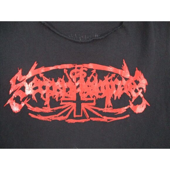 Gildan Heavy Cotton Sleeveless Black Shirt With Red & White Print Size S - Picture 2 of 10